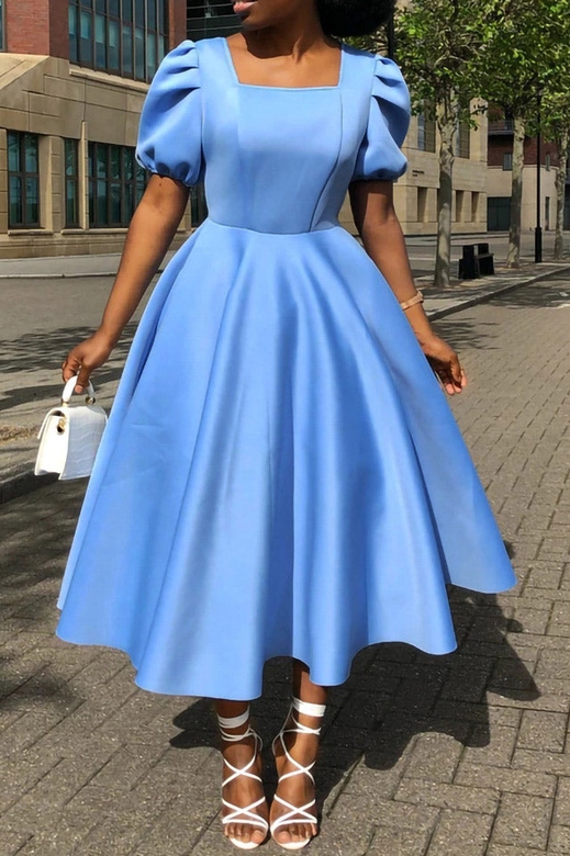 Chic Sky Blue A-Line Midi Dress for Fresh Elegance