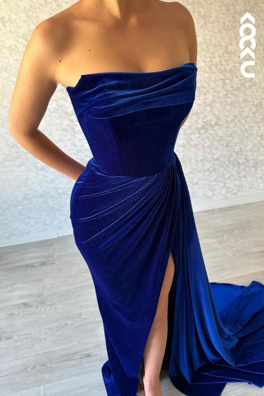 Simple & Casual Off-Shoulder Sleeveless Ruched Side Slit Formal Gown