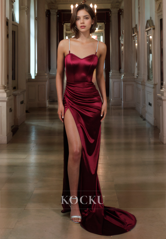 Elegant & Simple Spaghetti Straps V-Neck Sheath Split Evening Gown