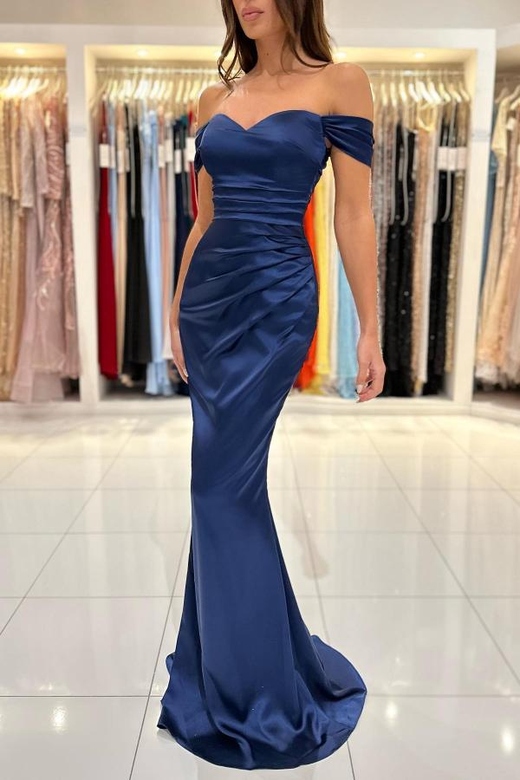 Dark Navy Off-the-Shoulder Long Mermaid Prom Dress