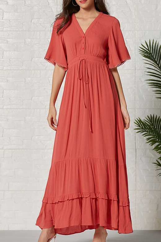 Solid V-Neck Tassel Ruffled Maxi Dress for Boho Elegance