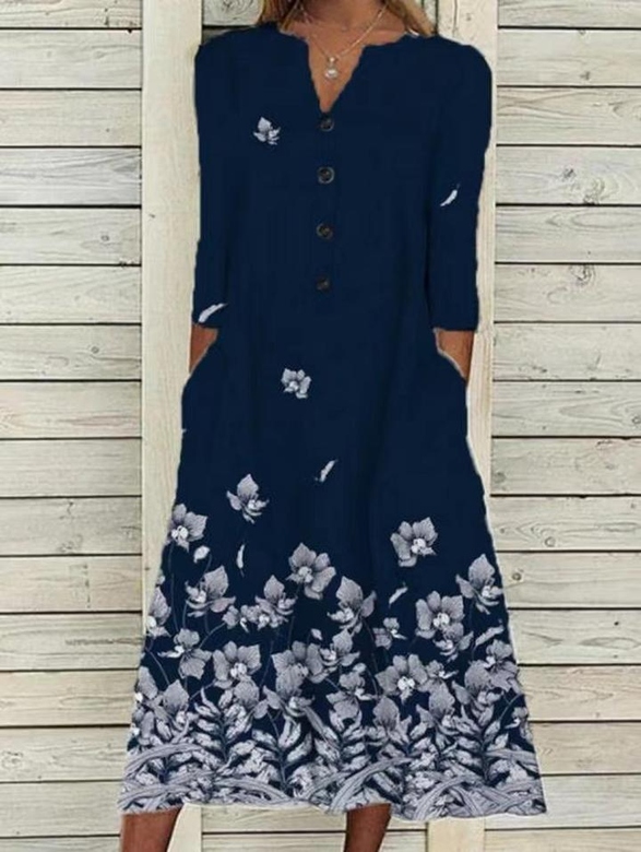 Romantic Blue Floral Print Midi Dress for Serene Beauty