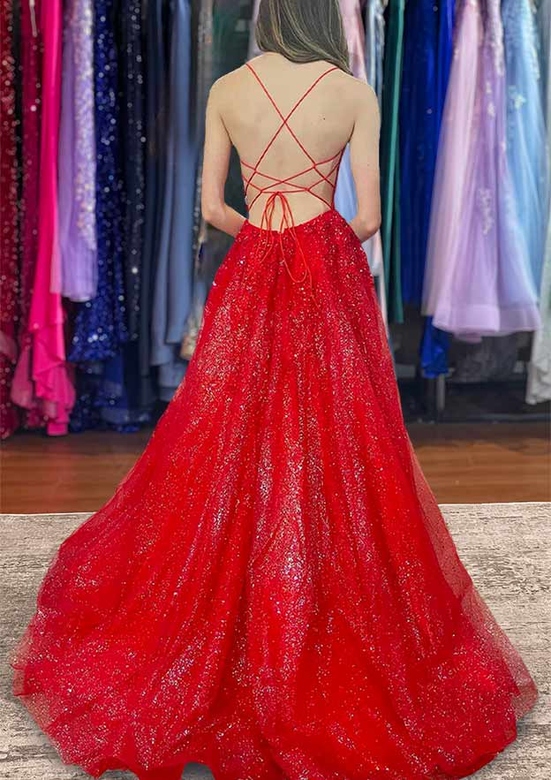 A-Line V-Neck Sleeveless Tulle Prom Dress with Appliqued Beading, Split, and Glitter