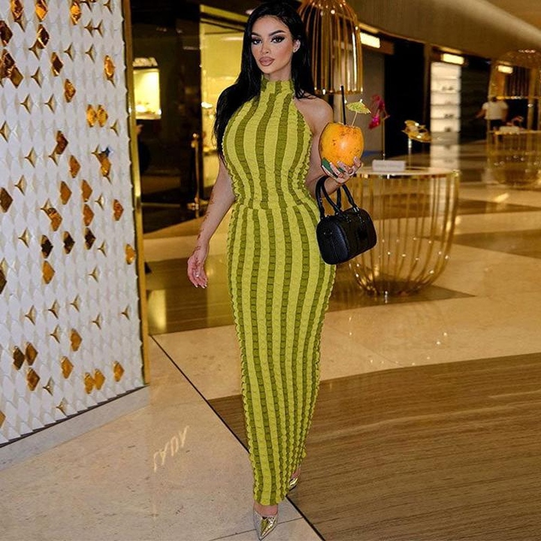 Sexy Popcorn Striped High Neck Sleeveless Bodycon Maxi Dress in Green