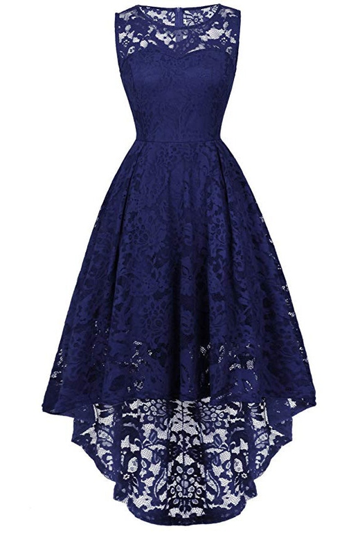 Dark Navy A-Line Lace Sleeveless High Low Prom Dress