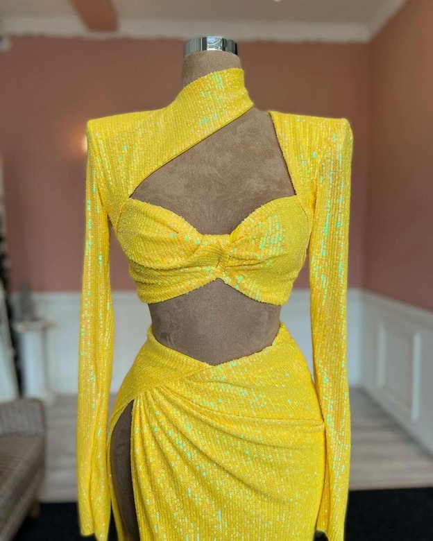 Charming Yellow High Neck Long Sleeve Sequined Prom Gown