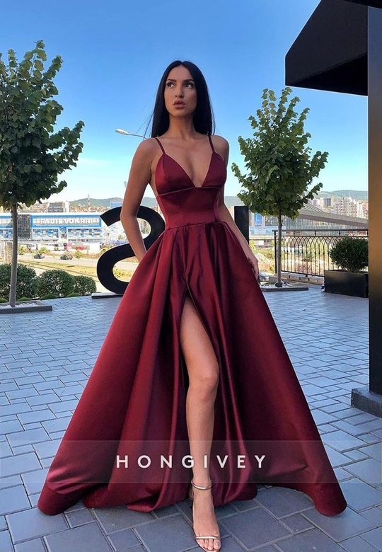 Sexy Satin A-Line Plunging V-Neck Spaghetti Straps Empire Side Slit Gown