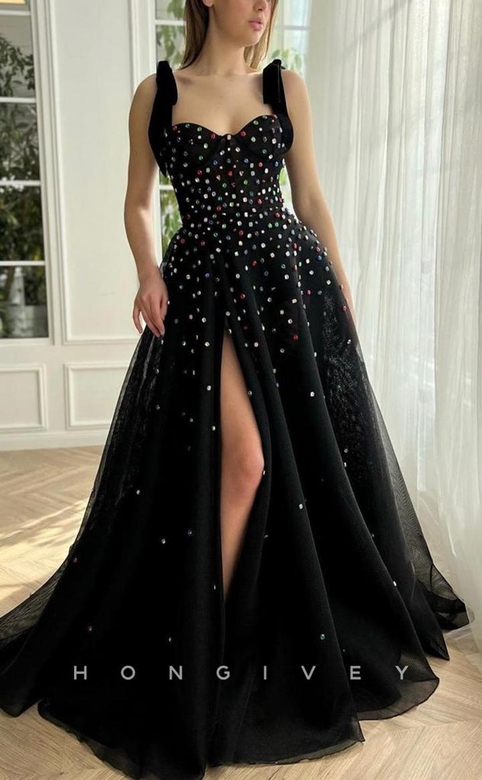 Glitter Sweetheart Spaghetti Straps Empire Beaded Tulle With Train Prom Gown