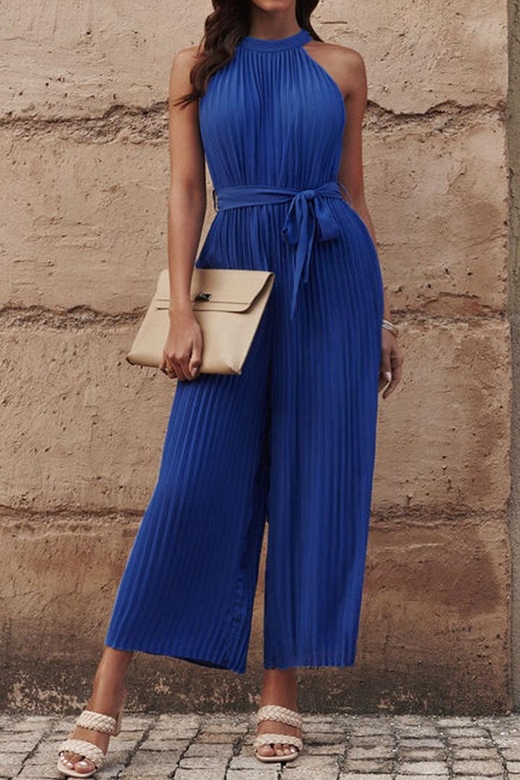 Accordion Pleated Grecian Neck Sleeveless Jumpsuit