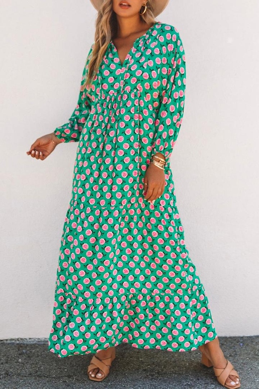 Romantic 3/4 Sleeve Printed Maxi Dress for Soft Femininity