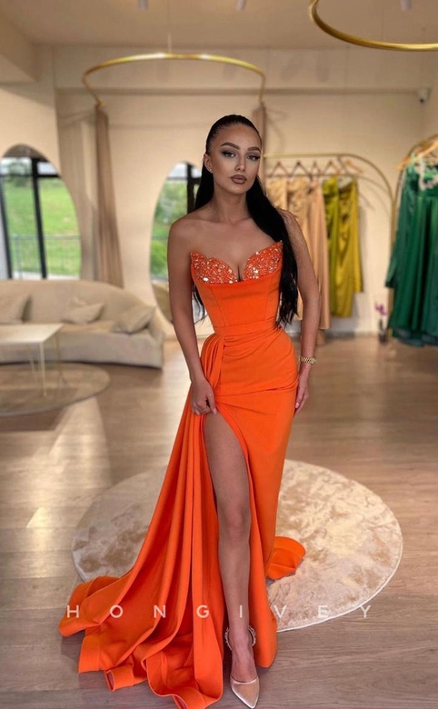 Sexy Sequined Strapless with Train and Slit Prom Party Dress