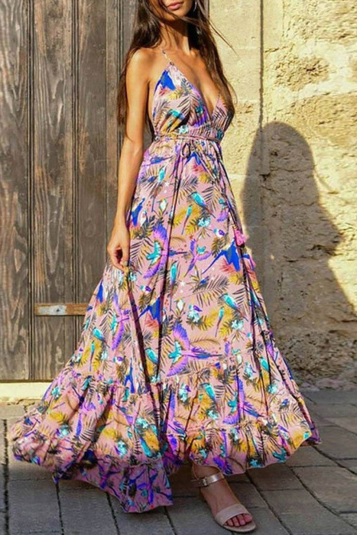 Printed Open Back Maxi Dress for Bohemian Elegance