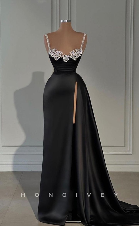 Sexy Satin A-Line Sweetheart Straps Empire Beaded Side Slit Gown