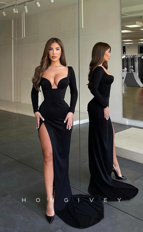 Simple Sexy Long Sleeves Train Slit Party Prom Formal Evening Gown