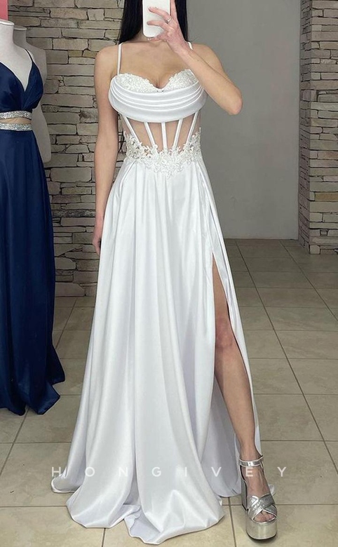 Delicate Satin A-Line Spaghetti Straps Illusion Appliques Side Slit Prom