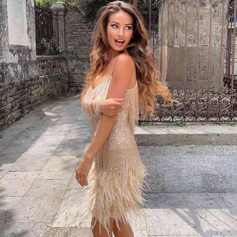 Shimmery Scoop Neck Sequin Fringe Feather Flapper Mini Dress in Apricot