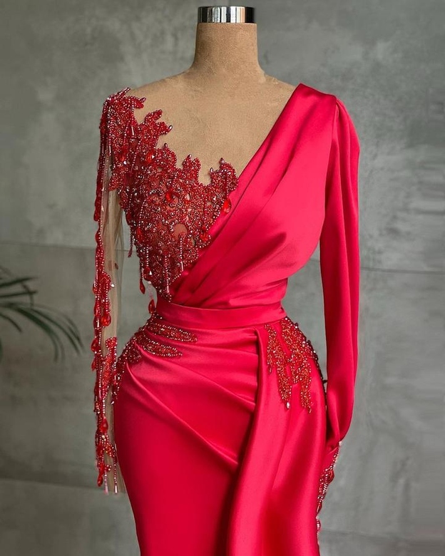 Gorgeous Red Long Sleeve Mermaid Evening Dress with Lace Appliques and Ruffles