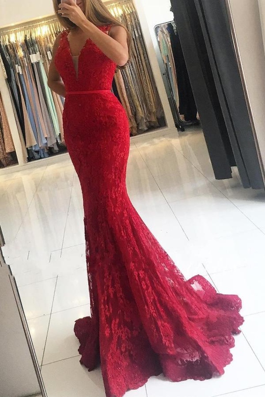 Red Lace Appliques Sleeveless Mermaid Prom Dress