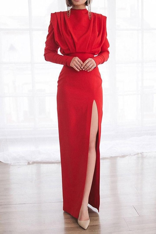 Full Length Red Long Sleeve High Split Evening Gown for Dramatic Elegance