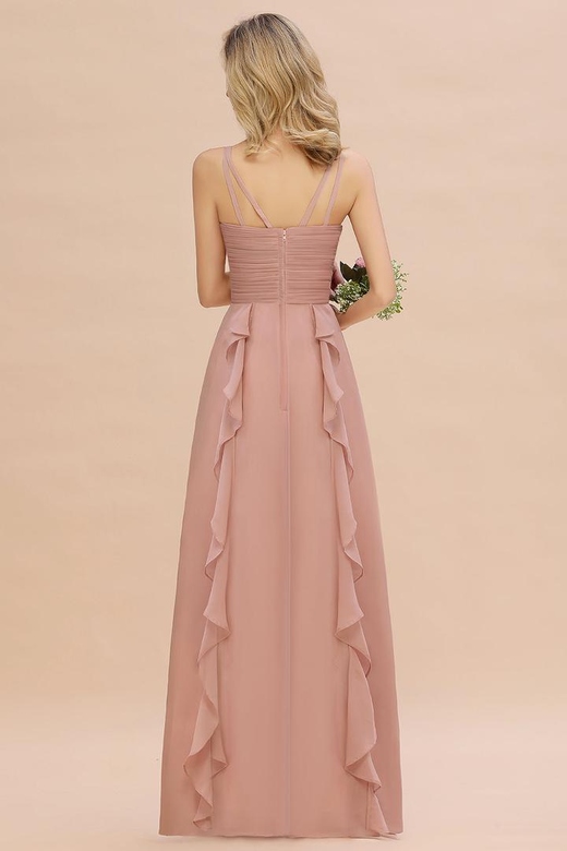 Chiffon Long Sleeveless Bridesmaid Dresses with Cascading Ruffles