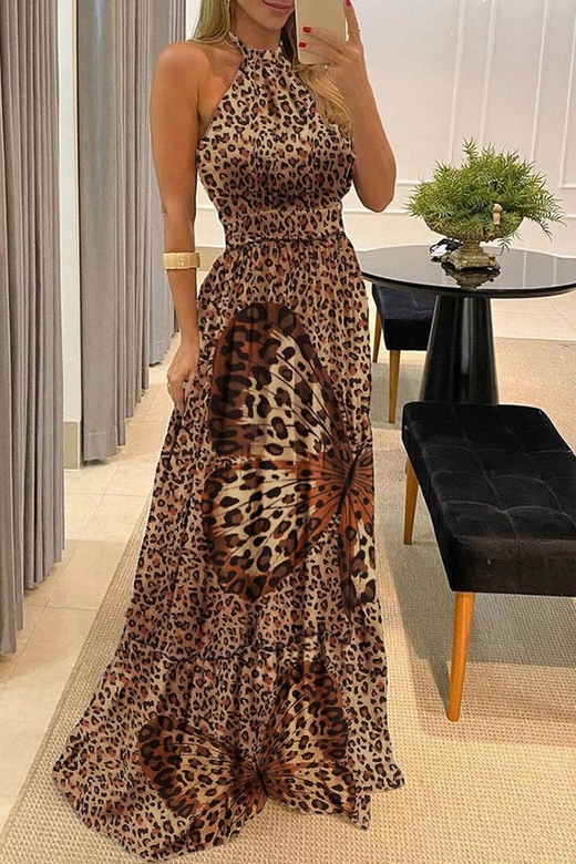 Sexy Leopard Print Halter Maxi Dress for Bold Statement