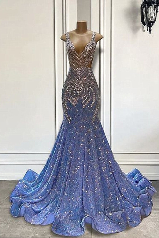 Fabulous Sparkle Beaded Sequined Mermaid Silver Beaded Prom Party Dresses