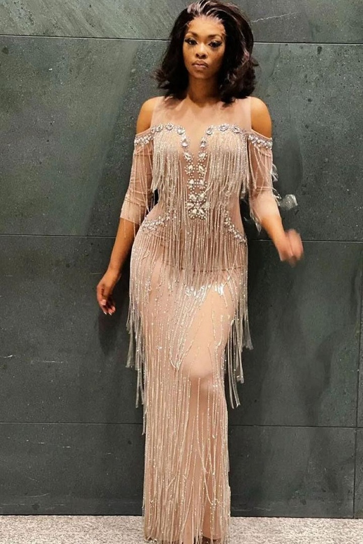 Silver Sparkly Cold Shoulder Sheer Rhinestone Fringe Split Maxi