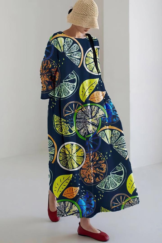 Lemon Pattern Loose Fit Maxi Dress for Summer