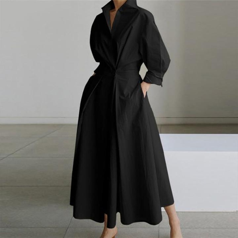 Black Fold Over Collar Side Pocket Maxi Dress for Practical Elegance