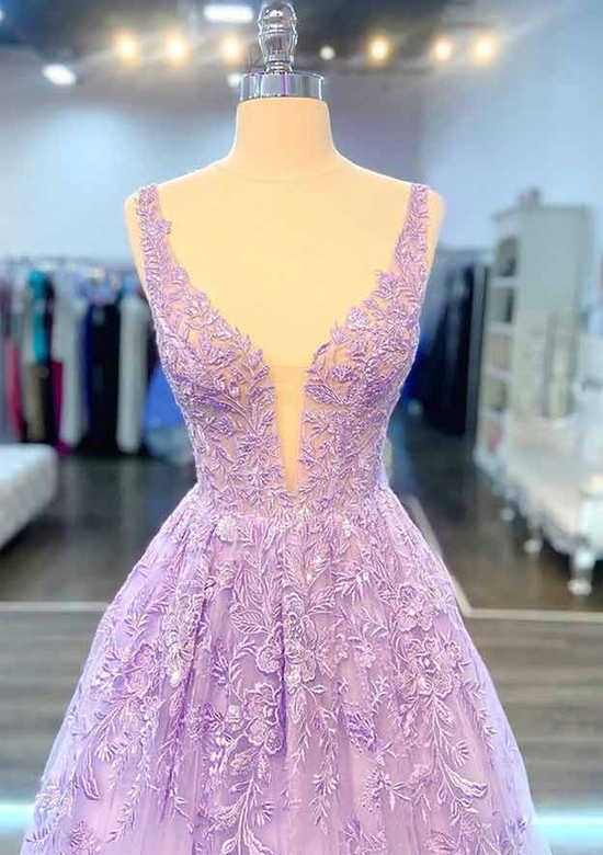 A-Line V-Neck Long Laced Prom Dress with Beading