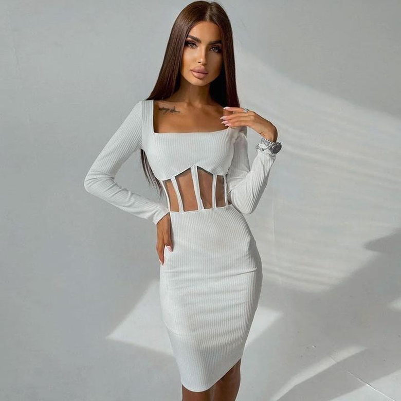 Chic Square Neck Long Sleeve Mesh Panel Rib Knit Midi Dress in White