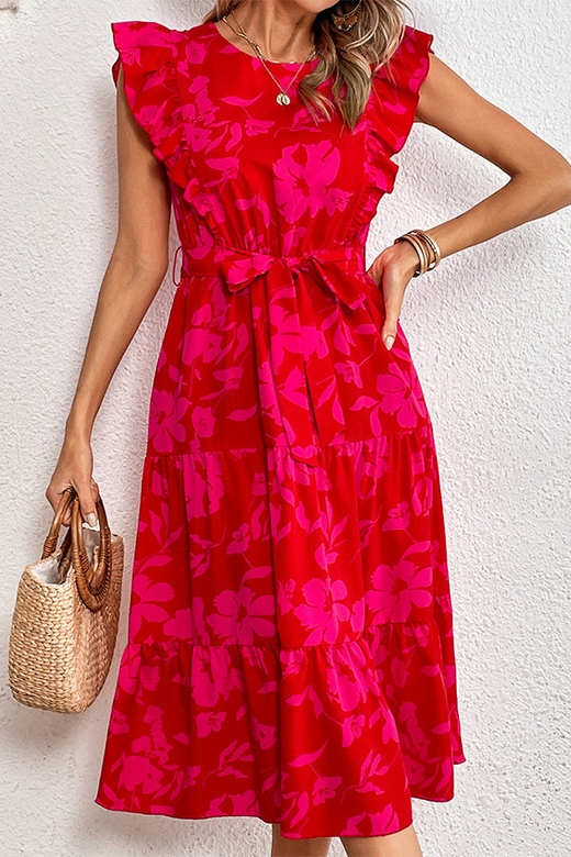 Print Ruffle Sleeve Tie Waist Casual Dress