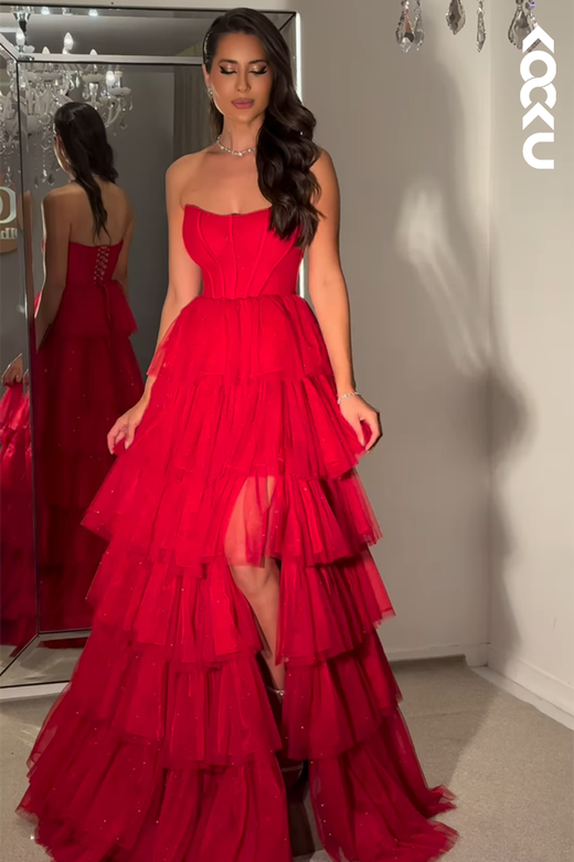 Simple Off-Shoulder Sleeveless Long A-Line Tiered Tulle Slit Prom Dress