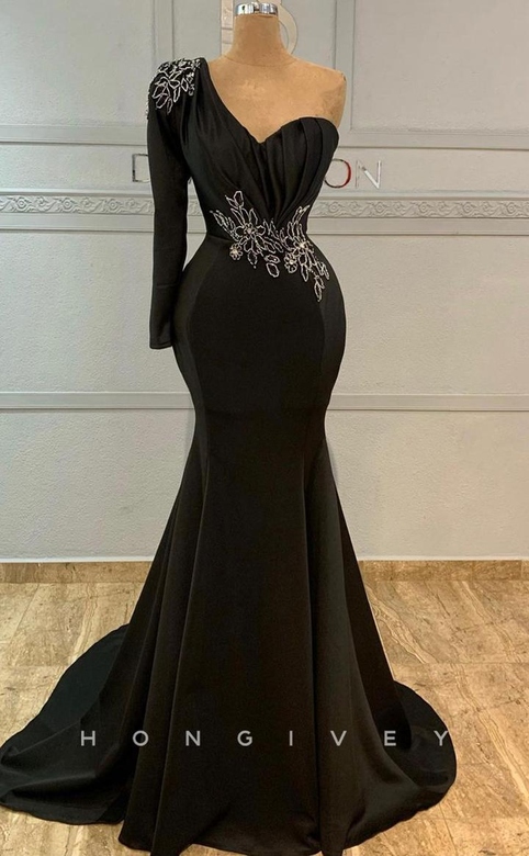 Sexy Trumpet One Shoulder Long Sleeve Satin Beaded Train Gown