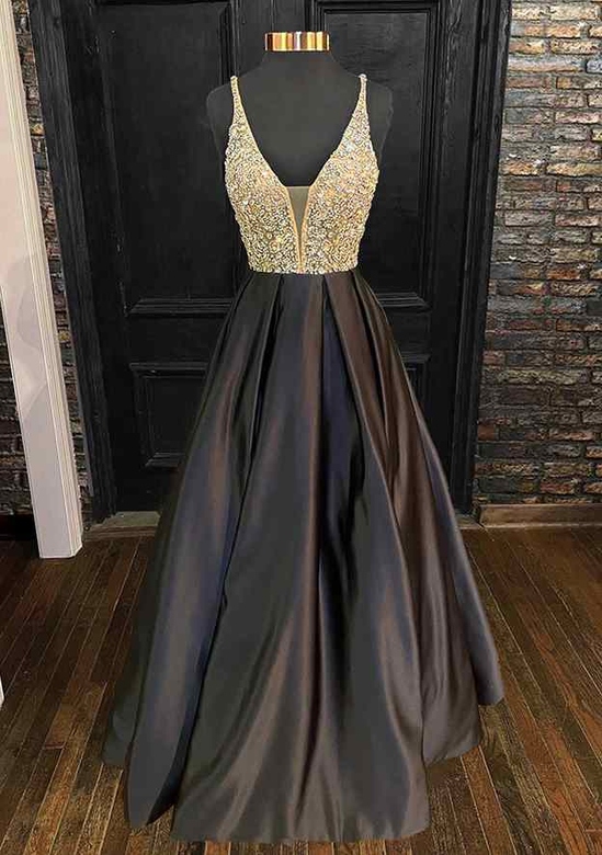 A-Line V-Neck Satin Beading Sequins Spaghetti Straps Prom Dress