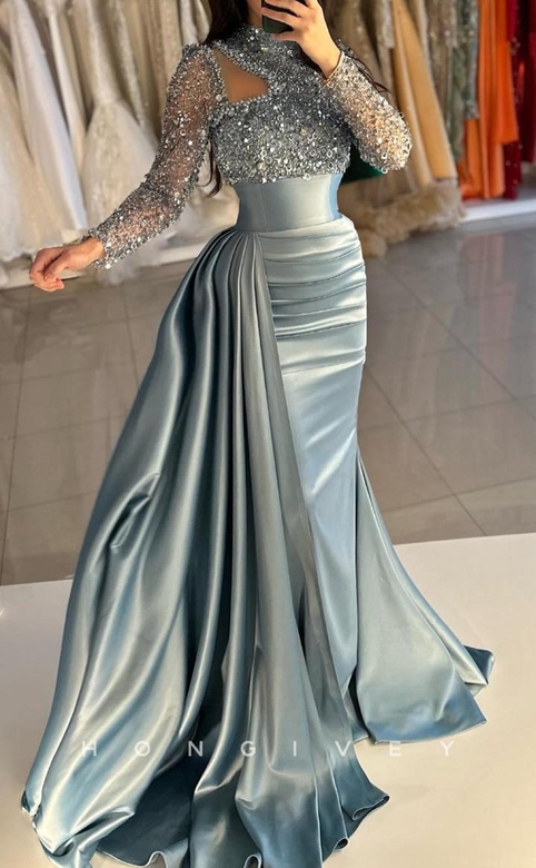 Modern Satin Fitted High Neck Long Sleeves Ruched Sequined Gown