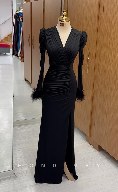 Sexy Satin Fitted V-Neck Long Sleeve Empire Ruched Feathers Side Slit Prom Gown