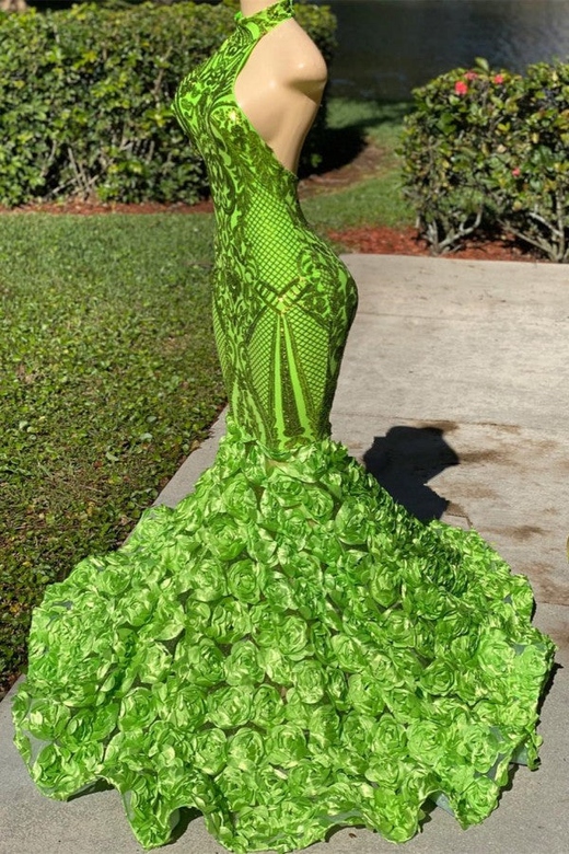 Green High Neck Sleeveless Sequins Mermaid Prom Dress with Flowers