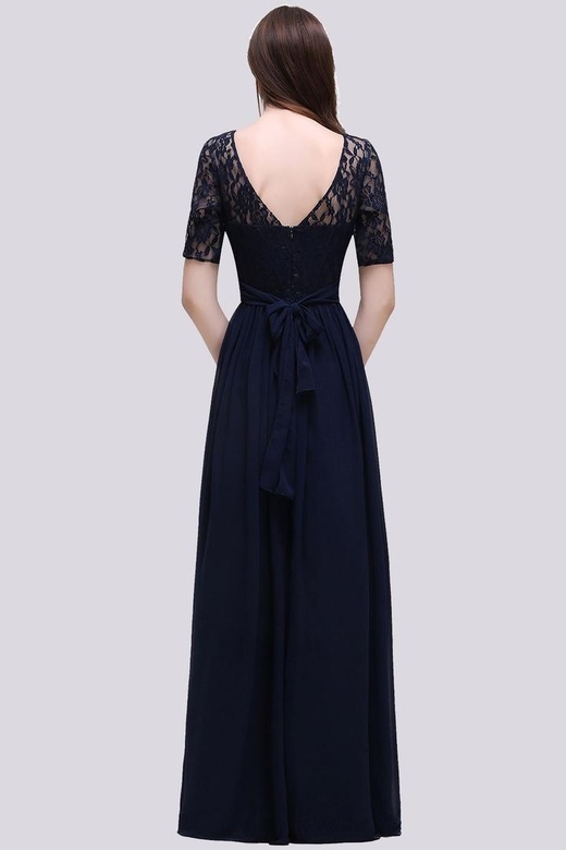 Affordable Lace Scoop Dark Navy Half-Sleeves Bridesmaid Dresses