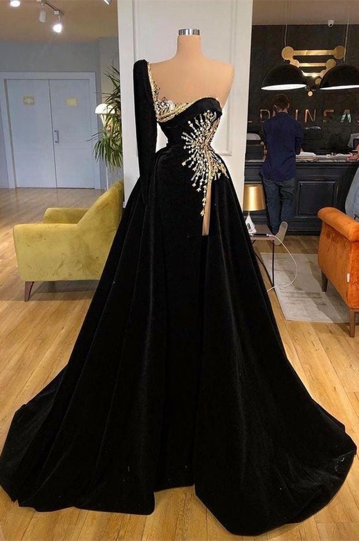 Beaded A-Line One Sleeve Black Prom Dress