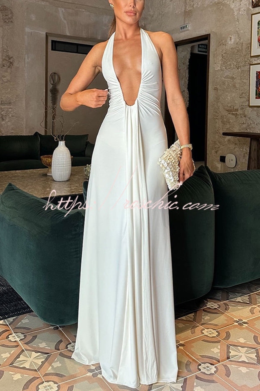 Deep U-Neck Waterfall Sash Drape Maxi Dress