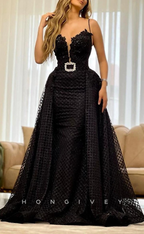 A-Line V-Neck Spaghetti Straps Empire Sequined Train Gown