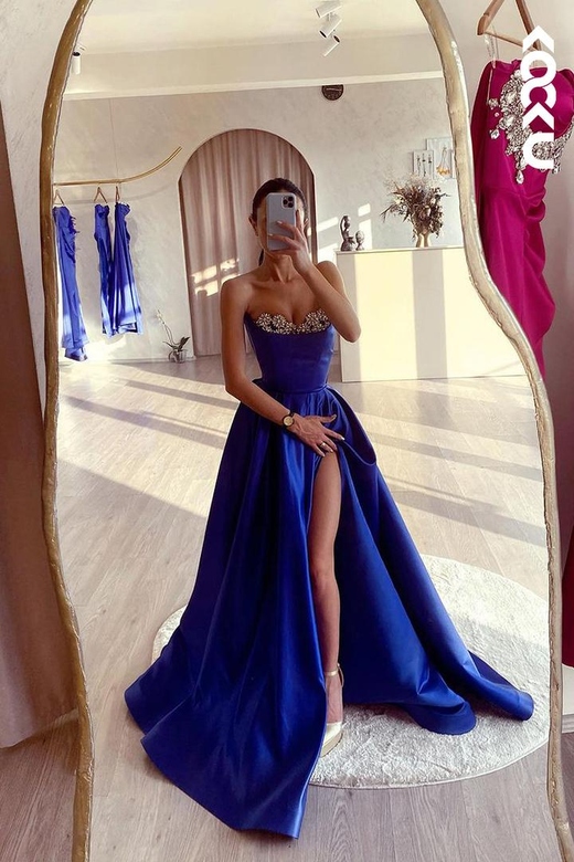 Elegant & Luxurious Off-Shoulder Sleeveless A-Line Slit Rhinestone Prom Dress