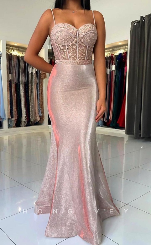 Sexy Trumpet Sweetheart Spaghetti Straps Illusion Appliques Gown