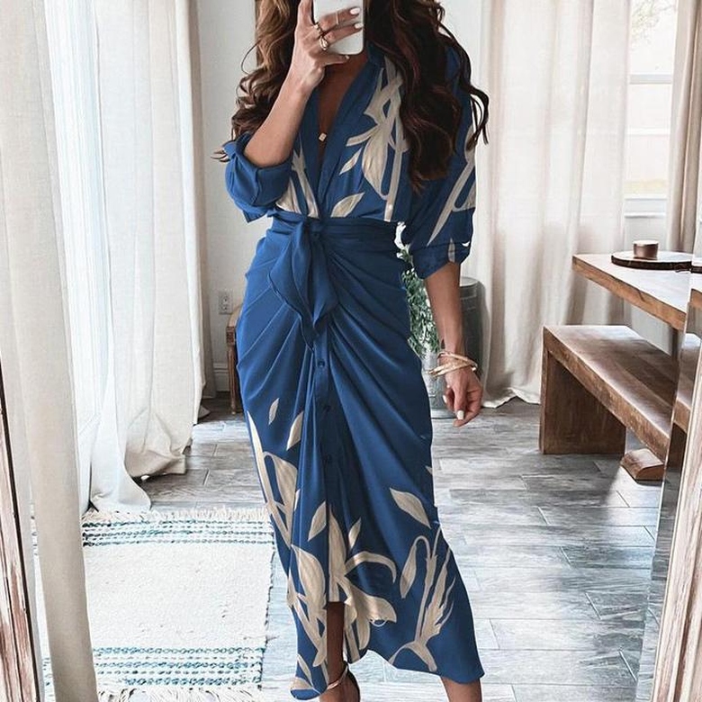 Long Sleeve Printed Floral Elegant Dress for Graceful Look