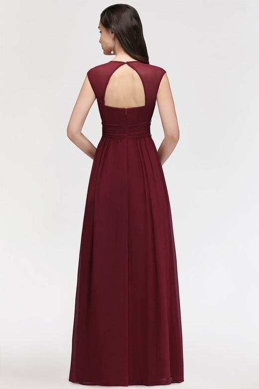 Chiffon Burgundy V-Neck Cap Sleeve Beadings Bridesmaid Dresses