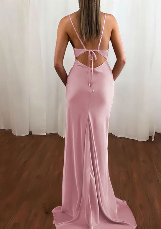 Amazing Satin Sheath/Column Cowl Neck Spaghetti Straps Sweep Train Prom Dress