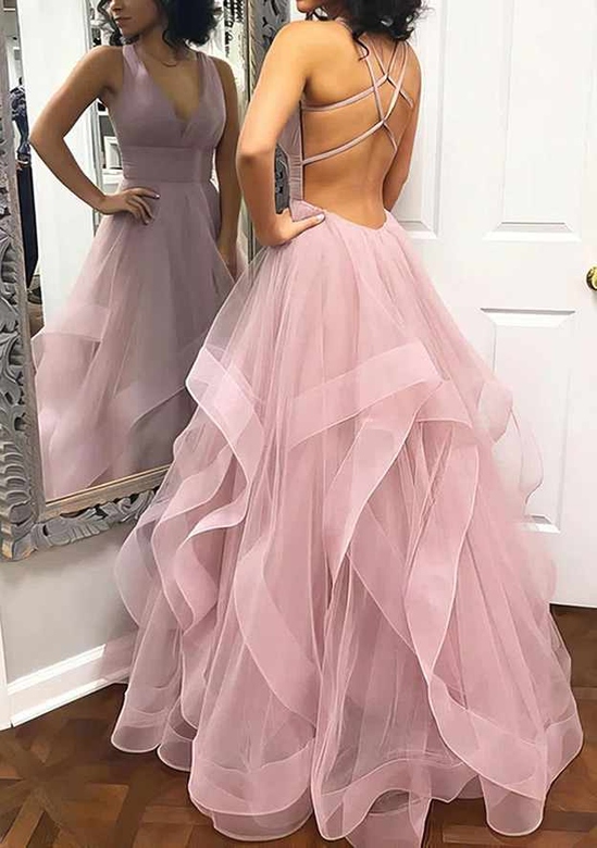 A-Line Princess V-Neck Sleeveless Tulle Long Prom Dress with Pleats