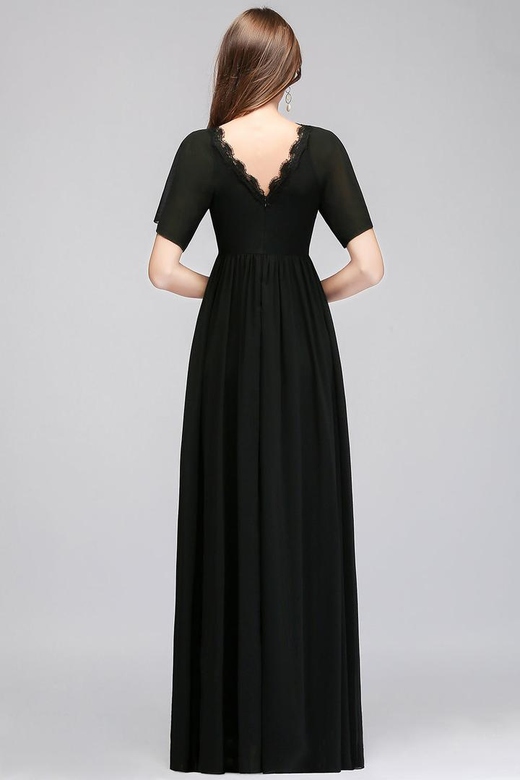 Affordable Chiffon Black V-Neck Short-Sleeves Bridesmaid Dresses