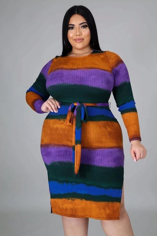 Plus Size Long Sleeve Colorful Dress for Vibrant Elegance